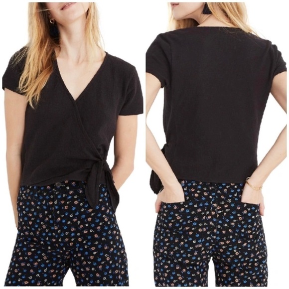 Madewell Texture and Thread Wrap Tie Top in Black - Picture 1 of 9